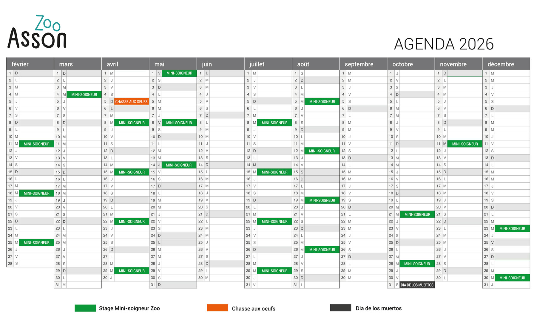 Agenda du zoo d'Asson 2026 Agenda du zoo d'Asson 2026