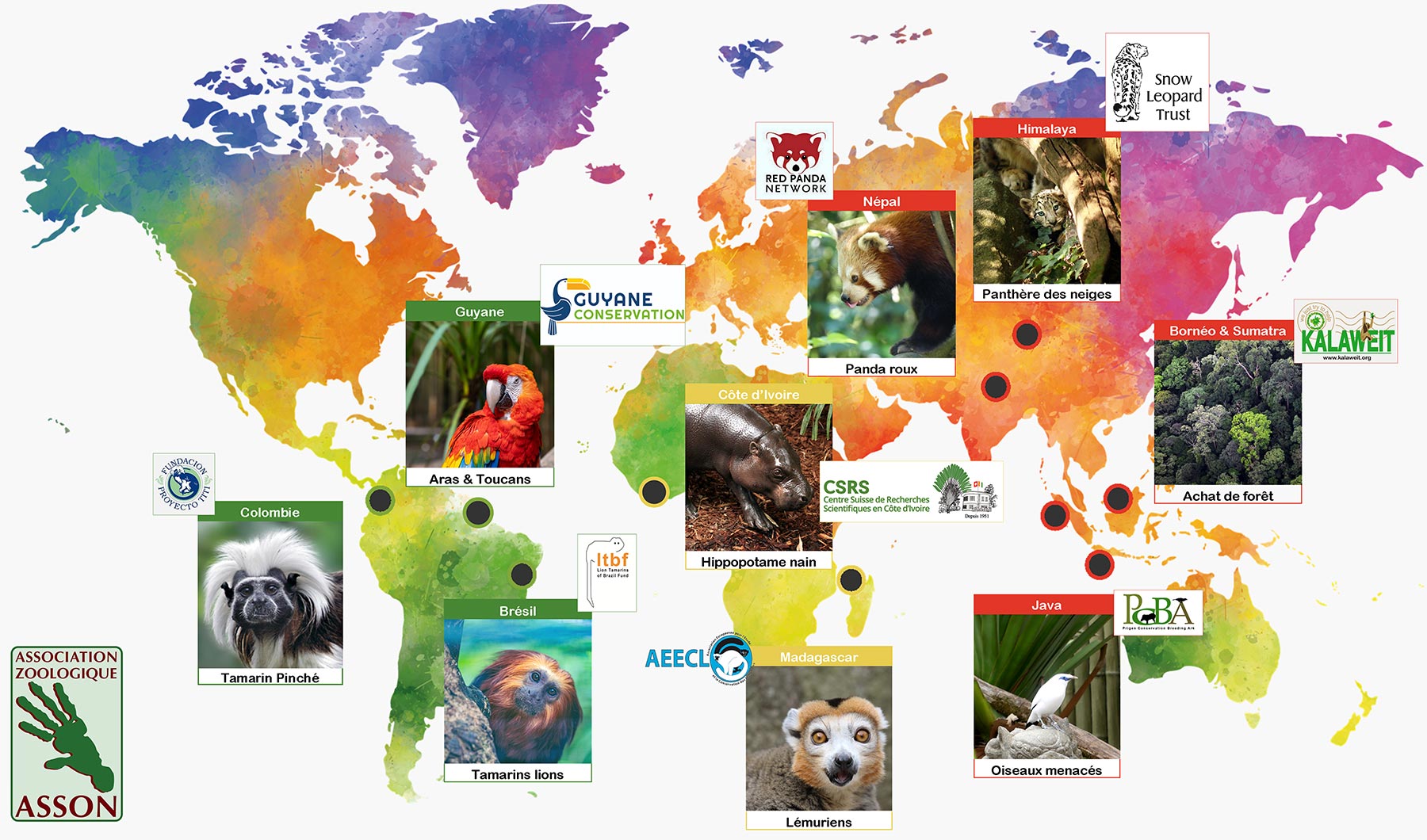 La conservation au zoo d'Asson - planisphère des partenaires La conservation au zoo d'Asson - planisphère des partenaires